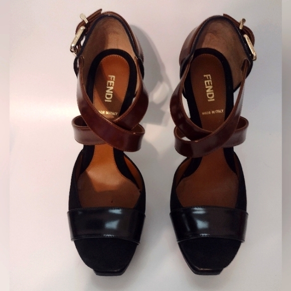 Fendi FF L ogo Black & Brown Criss Cross Platform Heels - Picture 4 of 12